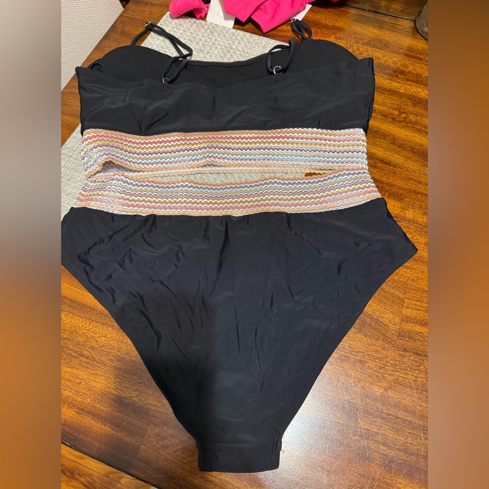 Black Swimsuit with Multicolor Striped Detail
